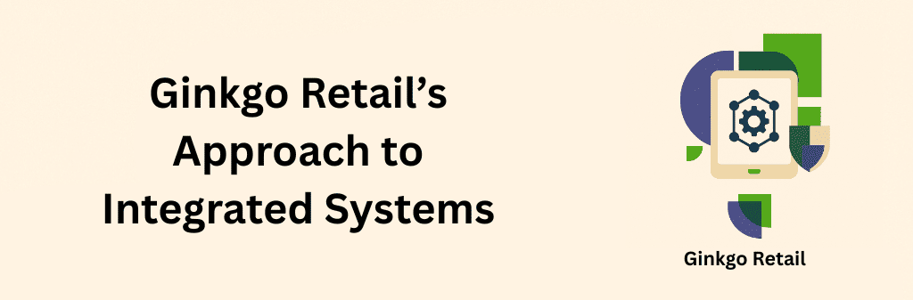 Minimalist beige-background illustration showing interconnected gears, geometric shapes, and a ginkgo logo.