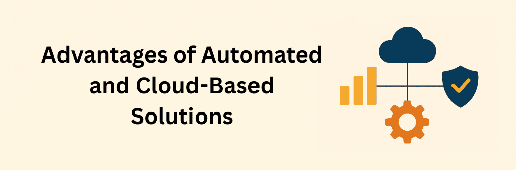 Minimalist infographic on beige background showing cloud, gear, bar chart, and shield icons connected