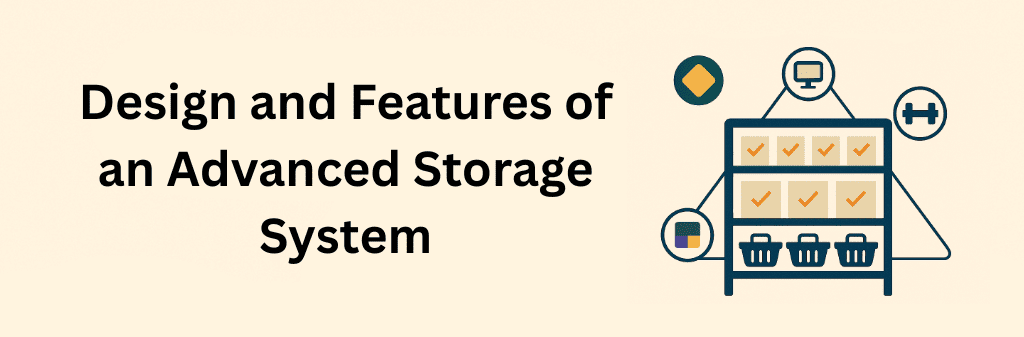 Minimalist infographic on beige background showing warehouse shelves with boxes, baskets, and icons for technology and durability.